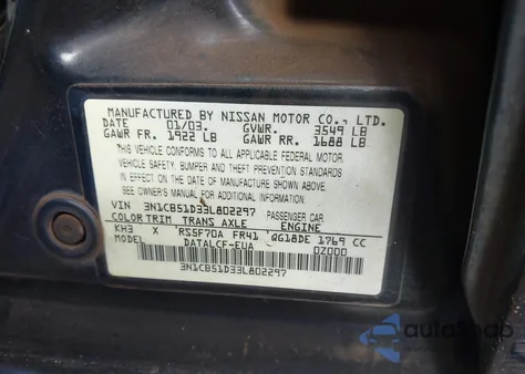 2003 Nissan Sentra Xe from USA, damaged, VIN 3N1CB51D33L802297